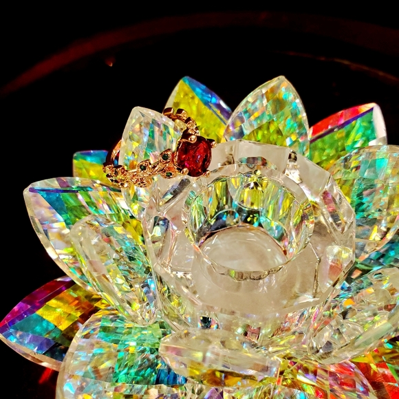 Grand Romantic Gesture Red Ruby Rose Emerald Green Leaf Gemstone 925 Golden Ring - Picture 4 of 16